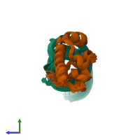 PDB entry 2ese coloured by chain, ensemble of 20 models, side view.
