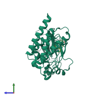 Monomeric assembly 2 of PDB entry 2etm coloured by chemically distinct molecules, side view.