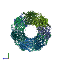 PDB entry 2eu1 coloured by chain, side view.