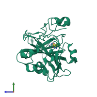 PDB entry 2eu3 coloured by chain, side view.