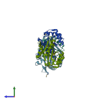 PDB entry 2eui coloured by chain, side view.