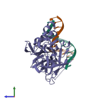 PDB entry 2euv coloured by chain, side view.