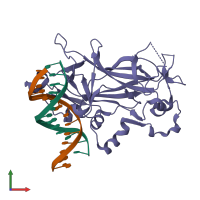 PDB entry 2euw coloured by chain, front view.