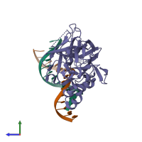PDB entry 2eux coloured by chain, side view.