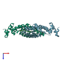 PDB entry 2ev2 coloured by chain, top view.