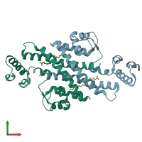 PDB entry 2ev3 coloured by chain, front view.