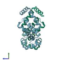 PDB entry 2ev5 coloured by chain, side view.