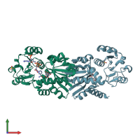 PDB entry 2ev9 coloured by chain, front view.