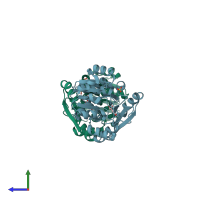 PDB entry 2ev9 coloured by chain, side view.