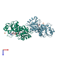 PDB entry 2ev9 coloured by chain, top view.