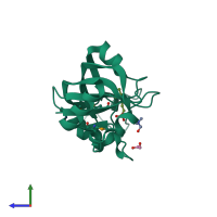 PDB entry 2eve coloured by chain, side view.