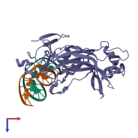 PDB entry 2evg coloured by chain, top view.