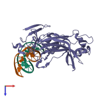 PDB entry 2evi coloured by chain, top view.