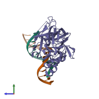 PDB entry 2evj coloured by chain, side view.