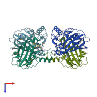 PDB entry 2evv coloured by chain, top view.