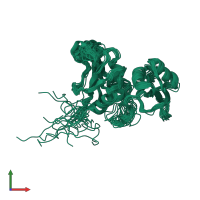 PDB entry 2evz coloured by chain, ensemble of 20 models, front view.