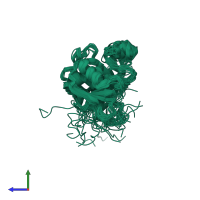 PDB entry 2evz coloured by chain, ensemble of 20 models, side view.