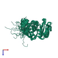 PDB entry 2evz coloured by chain, ensemble of 20 models, top view.