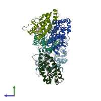 PDB entry 2ewp coloured by chain, side view.