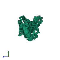 PDB entry 2ezb coloured by chain, ensemble of 14 models, side view.