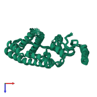 PDB entry 2ezb coloured by chain, ensemble of 14 models, top view.
