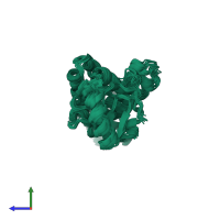 PDB entry 2ezc coloured by chain, ensemble of 14 models, side view.