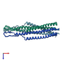 PDB entry 2ezr coloured by chain, ensemble of 10 models, top view.
