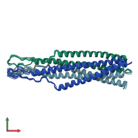 PDB entry 2ezs coloured by chain, ensemble of 10 models, front view.