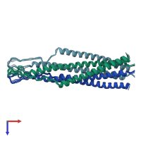 PDB entry 2ezs coloured by chain, ensemble of 10 models, top view.