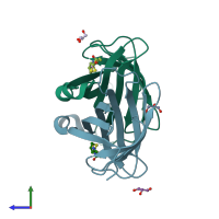 PDB entry 2f01 coloured by chain, side view.