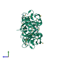 Homo tetrameric assembly 5 of PDB entry 2f0a coloured by chemically distinct molecules, side view.