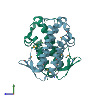 PDB entry 2f22 coloured by chain, side view.