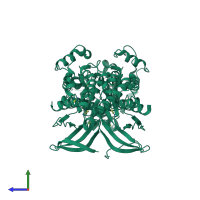 Homo dimeric assembly 4 of PDB entry 2f49 coloured by chemically distinct molecules, side view.