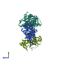 PDB entry 2f4i coloured by chain, side view.