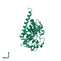 Monomeric assembly 1 of PDB entry 2f4j coloured by chemically distinct molecules, side view.