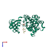 Monomeric assembly 1 of PDB entry 2f57 coloured by chemically distinct molecules, top view.