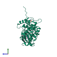 Monomeric assembly 2 of PDB entry 2f57 coloured by chemically distinct molecules, side view.