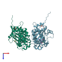 PDB entry 2f57 coloured by chain, top view.