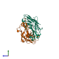 PDB entry 2f5a coloured by chain, side view.