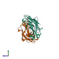PDB entry 2f5b coloured by chain, side view.
