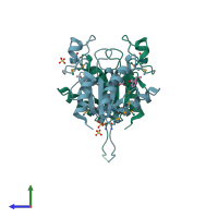 PDB entry 2f62 coloured by chain, side view.