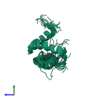 PDB entry 2f76 coloured by chain, ensemble of 20 models, side view.