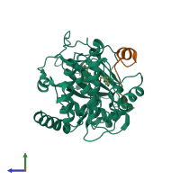 PDB 2f7e coloured by chain and viewed from the side.