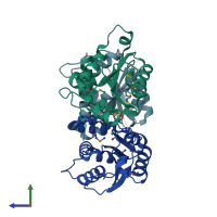 PDB entry 2f7y coloured by chain, side view.