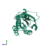 Monomeric assembly 1 of PDB entry 2f9l coloured by chemically distinct molecules, side view.