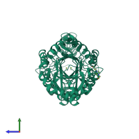 Homo dimeric assembly 6 of PDB entry 2f9r coloured by chemically distinct molecules, side view.