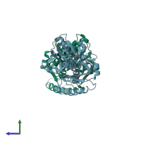 PDB entry 2f9t coloured by chain, side view.