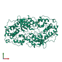 Homo dimeric assembly 1 of PDB entry 2fa2 coloured by chemically distinct molecules, front view.