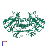 Homo dimeric assembly 1 of PDB entry 2fa2 coloured by chemically distinct molecules, top view.