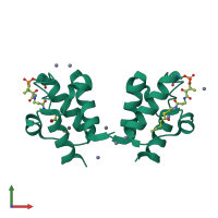 Homo dimeric assembly 7 of PDB entry 2fac coloured by chemically distinct molecules, front view.